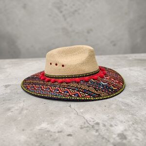Colorful Patterned Straw Hat with Red Accents
